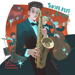  1girl 4boys artist_name band_(music) black_bow black_bowtie black_hair black_jacket blonde_hair bow bowtie cello collared_shirt drum drum_set drumming emeraldwan34590 english_text glasses gon_freecss highres holding holding_instrument holding_saxophone holding_trumpet hunter_x_hunter instrument jacket killua_zoldyck kurapika leorio_paladiknight looking_at_viewer male_focus multiple_boys music piano round_eyewear saxophone senritsu shirt short_hair standing suit_jacket trumpet white_shirt 