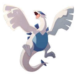  2018 absurdres commentary english_commentary fang fangs flying highres horns looking_at_viewer lugia open_mouth pokemon pokemon_(creature) skin_fang solo tail teeth tongue white_background wings zi_(iwankou) 