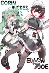  absurdres apron black_boots black_hair black_pantyhose black_shoes boots breasts candy character_name circular_saw colored_inner_hair corin_wickes ekaki_kujira_(user_wvah5448) fins fish_tail flying_sweatdrops food full_body green_hair hair_between_eyes highres holding holding_candy holding_food holding_lollipop holding_weapon knee_boots lollipop long_hair looking_at_viewer maid maid_apron maid_headdress multicolored_hair pantyhose puffy_short_sleeves puffy_sleeves red_eyes red_hair saw screw_hair_ornament shark_tail shoes short_sleeves simple_background tail tongue tongue_out twintails violet_eyes weapon white_background zenless_zone_zero 