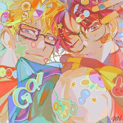  2boys bandaid bandaid_on_cheek bandaid_on_face battle_tendency bespectacled black-framed_eyewear blonde_hair blue_eyes blue_jacket brown_hair caesar_anthonio_zeppeli closed_mouth commentary_request glasses green_eyes jacket jojo_no_kimyou_na_bouken joseph_joestar joseph_joestar_(young) korean_commentary looking_to_the_side male_focus multiple_boys one_eye_closed parted_hair rectangular_eyewear scarf senzzang sideways_glance smile sticker 