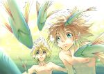  2boys blonde_hair blue_eyes brown_hair commentary day eguana english_commentary engrish_commentary facing_viewer fish floating_hair holding_breath kingdom_hearts kingdom_hearts_ii male_focus multiple_boys ocean outdoors roxas short_hair sora_(kingdom_hearts) swimming topless_male underwater upper_body 