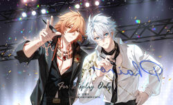  2boys absurdres adapted_costume antenna_hair arm_tattoo black_jacket black_necktie black_pants black_shirt blonde_hair blue_eyes braid chest_tattoo chinese_commentary collared_shirt commentary_request confetti facial_tattoo gem gold_necklace gradient_hair highres holding holding_marker honkai:_star_rail honkai_(series) jacket jewelry male_focus marker medium_hair multicolored_hair multiple_boys mydei_(honkai:_star_rail) mydei_(nylon_japan)_(honkai:_star_rail) neck_tattoo necklace necktie o8622 pants parted_bangs partially_unbuttoned pectoral_cleavage pectorals phainon_(alternate_spacetime)_(honkai:_star_rail) phainon_(honkai:_star_rail) red_gem red_hair red_tattoo shirt short_hair side_braid stage_lights sun_symbol sun_tattoo tattoo watermark white_hair white_shirt yellow_eyes 