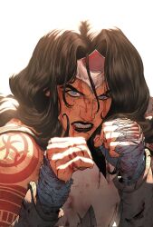  1girl absolute_dc absolute_wonder_woman angry arm_tattoo backlighting bandaged_hand bandages black_hair black_lips bleeding blood blood_from_forehead blood_from_mouth blood_on_face blood_stain bloodshot_eyes blue_hair bruise bruise_on_face clenched_hands clenched_teeth close-up cuts dc_comics deep_wound dirty dirty_clothes dirty_face eyelashes fighting_stance finger_tattoo hands_up highres injury long_hair looking_at_viewer mattia_de_iulis ryona shoulder_tattoo tattoo teeth tiara torn torn_clothes wavy_hair western_comics_(style) wonder_woman wonder_woman_(series) 