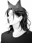  1boy animal_ears cat_boy cat_ears collarbone ear_piercing getou_suguru greyscale highres jujutsu_kaisen long_hair male_focus monochrome nonunonmore parted_lips piercing shirt simple_background solo spot_color upper_body yellow_eyes 