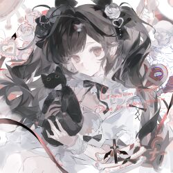 1girl absurdres animal antenna_hair black_cat bone bow brown_bow brown_hair cat choker closed_mouth commission cross dress earrings eyelashes flower frilled_choker frills hair_bow hair_flower hair_ornament heart heart_hair_ornament highres holding holding_animal holding_cat jewelry liangzhi_mian_gou long_hair looking_at_viewer mihuashi_commission mole mole_under_eye original pale_skin puffy_short_sleeves puffy_sleeves red_eyes red_ribbon ribbon rose sample_watermark scar self-harm_scar short_sleeves skeleton solo square swept_bangs twintails watermark white_choker white_dress white_flower white_rose white_wrist_cuffs wrist_cuffs 