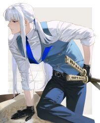  1boy artist_name belt bent_back black_belt black_gloves blue_hairband blue_necktie blue_pants blue_vest blunt_bangs buttons character_request closed_mouth collared_shirt copyright_request cowboy_shot expressionless from_side gang_g gloves hairband hand_on_floor highres holding holding_sword holding_weapon katana knee_up long_hair long_sidelocks looking_ahead male_focus multiple_swords necktie necktie_in_pocket pants ponytail sheath sheathed shirt sidelocks sleeves_rolled_up solo straight_hair sword very_long_hair vest weapon white_hair white_shirt 