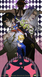  6+boys absurdres black_hair blonde_hair bruno_bucciarati clothing_cutout commentary copyright_name from_behind giorno_giovanna green_eyes guido_mista gun headband highres holding holding_gun holding_weapon jojo_no_kimyou_na_bouken ladybug_ornament leone_abbacchio long_hair multiple_boys narancia_ghirga necktie pannacotta_fugo reichio revolver vento_aureo violet_eyes weapon 