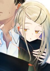  1boy 1girl absurdres black_hair blonde_hair blush gakuen_idolmaster head_on_another's_shoulder highres idolmaster long_hair orange_eyes parted_lips producer_(idolmaster) shinosawa_hiro suit upper_body yrouumkinnoaw 