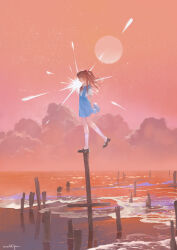  1girl absurdres arms_behind_back blue_eyes blue_skirt blue_suspenders clouds commentary cross foaming_waves full_body highres interface_headset_(evangelion) inverted_cross kneehighs light_rays long_hair mary_janes medium_skirt molli_hu neck_ribbon neon_genesis_evangelion on_top_of_pole orange_hair parted_lips profile red_ribbon ribbon scenery school_uniform shirt shoes shore short_sleeves signature skirt sky socks solo souryuu_asuka_langley stake standing standing_on_object standing_on_one_leg sunbeam sunlight sunset suspender_skirt suspenders symbol-only_commentary tokyo-3_middle_school_uniform white_shirt white_socks wind wind_lift 