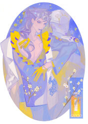  1boy 2018 absurdres aranloce artist_name bottle character_name commentary dated earrings english_commentary flower giorno_giovanna gold_experience highres jewelry jojo_no_kimyou_na_bouken long_hair mixed-language_commentary perfume_bottle stand_(jojo) stud_earrings vento_aureo 