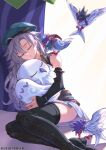  ahoge animal beret bird boots closed_eyes eiyuu_densetsu fie_claussell ghost hat high_heel_boots high_heels hugging_object kuro_no_kiseki long_hair owl shadow sleeping twitter_username white_hair zealmaker 