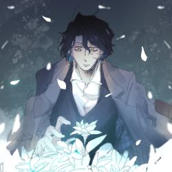  1boy alternate_costume black_hair black_vest brown_coat coat collared_shirt curtained_hair english_commentary falling_petals flower herbert_(project_moon) highres lapels limbus_company looking_at_object male_focus messy_hair notched_lapels open_clothes open_coat petals project_moon shirt short_hair solo unower_s vest white_flower white_petals white_shirt yellow_eyes 