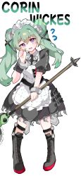  1girl absurdres apron black_boots boots breasts character_name circular_saw commentary corin_wickes ekaki_kujira_(user_wvah5448) english_commentary flying_sweatdrops full_body green_hair hair_between_eyes highres holding holding_weapon knee_boots long_hair looking_at_viewer maid maid_apron maid_headdress puffy_short_sleeves puffy_sleeves saw screw_hair_ornament short_sleeves simple_background solo twintails violet_eyes weapon white_background zenless_zone_zero 
