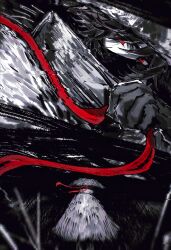  1boy cloak conical_hat empty_eyes eye_trail from_behind glitch gloves greyscale hair_between_eyes hcl6450222 headband highres holding_headband kai_(ninjago) light_trail looking_at_viewer male_focus mask monochrome mouth_mask multiple_views ninjago ninjago:_dragons_rising red_eyes red_headband short_hair spot_color 