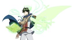  1boy absurdres belt black_clover black_clover_m:_rise_of_the_wizard_king black_hair blue_cape book brown_capelet brown_eyes cape capelet full_body fur-trimmed_capelet fur_trim gold_buttons green_eyes grimoire heterochromia high_collar highres incredibly_absurdres looking_at_viewer magic male_focus non-web_source official_art open_book pants red_shirt shirt simple_background solo transparent_background two-tone_shirt white_pants white_shirt yuno_(black_clover) 