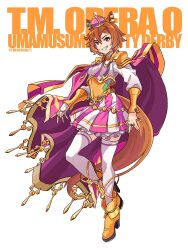  1girl absurdres animal_ears artist_name brown_hair cape character_name chinese_commentary crown full_body highres horse_ears horse_girl horse_tail jewelry li_li_li_li_jun pink_skirt purple_cape ring shirt skirt solo striped_clothes striped_skirt t.m._opera_o_(o_sole_suo!)_(umamusume) t.m._opera_o_(umamusume) tail thigh-highs umamusume violet_eyes white_background white_shirt white_thighhighs 