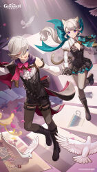  1boy 1girl absurdres animal_ear_fluff animal_ears bird black_boots black_gloves black_pantyhose boots brother_and_sister brown_hair cat_ears cat_girl cat_tail closed_mouth commentary english_commentary facial_mark floating_hair genshin_impact gloves highres huge_bow knee_boots long_hair long_sleeves lynette_(genshin_impact) lyney_(genshin_impact) official_art pantyhose pigeon running siblings smile star_(symbol) star_facial_mark tail twins very_long_hair violet_eyes 