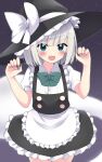  1girl apron black_headwear black_skirt black_vest blue_eyes blush bow collared_shirt commentary cosplay cowboy_shot fang fingernails frilled_apron frilled_skirt frills grey_hair hat hat_bow highres hitodama kirisame_marisa kirisame_marisa_(cosplay) konpaku_youmu konpaku_youmu_(ghost) long_fingernails looking_at_viewer open_mouth puffy_short_sleeves puffy_sleeves sharp_fingernails shirt shishiky short_hair short_sleeves skin_fang skirt smile solo touhou vest waist_apron white_apron white_bow white_shirt witch_hat 