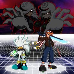  2boys 2girls aged_up alternate_design animal_ears animal_nose arttoon1 black_dress blue_eyes body_fur boots borrowed_character borrowed_design bracelet braces brown_hair chaos_emerald character_request check_character christopher_thorndyke closed_mouth commentary cyberspace digital_dissolve dress english_commentary furry furry_male glitch gloves gold_bracelet grey_fur hair_over_one_eye hedgehog_boy highres holding holding_sword holding_weapon jewelry long_sleeves looking_at_viewer multicolored_hair multiple_boys multiple_girls neo_sage_(kornart) one_eye_covered over_shoulder red_eyes red_hair sage_(sonic) shoes short_hair silver_the_hedgehog sonic_(series) sonic_frontiers sonic_racing:_crossworlds sonic_the_hedgehog_(2006) sonic_x sword sword_over_shoulder two-sided_scarf weapon weapon_over_shoulder white_gloves white_hair yellow_eyes 