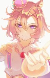  1girl animal_ears armor blush breasts cape closed_mouth commentary_request crown ear_ornament gold_corset hair_between_eyes highres horse_ears horse_girl long_sleeves looking_at_viewer mini_crown orange_hair orusun outstretched_arm pink_cape pink_crown reaching reaching_towards_viewer shirt short_hair shoulder_armor simple_background smile solo t.m._opera_o_(o_sole_suo!)_(umamusume) t.m._opera_o_(umamusume) umamusume upper_body violet_eyes white_background white_shirt 
