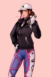  1girl baseball_cap blowing_bubble_gum blue_bodysuit bodysuit brown_hair chewing_gum commentary d.va_(overwatch) dirty dirty_face english_commentary gloves hand_on_own_hip hat highres holding holding_wrench kookirani long_sleeves looking_at_viewer overwatch simple_background solo white_gloves wrench 