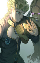  1boy absurdres aqua_eyes arrow_(jojo) black_jacket blonde_hair cleavage_cutout closed_mouth clothing_cutout commentary_request giorno_giovanna gold_experience hand_up highres jacket jojo_no_kimyou_na_bouken ladybug_ornament long_sleeves looking_at_viewer male_focus medium_hair nose open_mouth oro_(lsg0624) solo_focus stand_(jojo) vento_aureo victory_rolls 