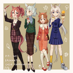  4girls absurdres ahoge belno_light_(umamusume) belt beret black_belt black_jacket black_pantyhose black_shoes black_skirt blazer blue_dress blue_eyes blue_shirt blunt_ends bob_cut bow braid brown_background brown_eyes brown_hair cardigan casual cellphone closed_mouth collared_dress commentary crown_braid cup dress drill_hair drill_sidelocks ear_bow english_text food fujimasa_march_(umamusume) green_hair green_jacket grey_hair grey_shoes hair_ribbon half_updo hat high_heels highres holding holding_cup holding_food holding_phone horse_girl jacket jewelry kneehighs light_frown looking_at_another looking_at_viewer mary_janes medium_dress medium_skirt mixed-language_text multicolored_hair multiple_girls necklace nekono_chigu no_hair_ornament norn_ace_(umamusume) oguri_cap_(umamusume) open_cardigan open_clothes open_mouth pantyhose pencil_dress phone plaid_clothes plaid_dress plaid_hat red_cardigan red_dress red_hat red_shoes ribbon romaji_text selfie shirt shoes side_drill sidelocks skirt smartphone smile sneakers socks standing standing_on_one_leg turtleneck turtleneck_shirt two-tone_hair umamusume umamusume:_cinderella_gray v white_socks yellow_eyes yellow_socks 