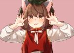 1girl :p animal_ear_piercing animal_ears artist_name brown_eyes brown_hair cat_ears chen claw_pose commentary earrings flat_chest gold_trim green_headwear hair_between_eyes hands_up hat jewelry long_sleeves looking_at_viewer medium_hair mob_cap nail_polish purple_background red_nails red_vest ribbon simple_background single_earring solo symbol-only_commentary tongue tongue_out touhou twitter_username unkmochi upper_body vest white_ribbon 