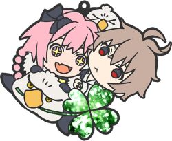  +_+ 2boys :< ahoge astolfo_(fate) bow braid chibi clover commentary_request eagret fate/apocrypha fate_(series) four-leaf_clover grey_hair hair_bow hippogriff_(fate) hug male_focus multiple_boys pink_hair red_eyes sieg_(fate) smile sticker_(medium) transparent_background violet_eyes 