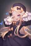  1girl abigail_williams_(fate) black_bow black_dress black_headwear blonde_hair blue_eyes bow breasts dress fate/grand_order fate_(series) forehead hair_bow hat highres long_hair long_sleeves looking_at_viewer miya_(miyaruta) multiple_hair_bows one_eye_closed open_mouth orange_bow parted_bangs ribbed_dress small_breasts smile solo 