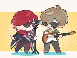  2boys black_coat black_shirt border brown_hair brown_pants brown_vest chibi coat collared_shirt commentary_request full_body green_jacket guitar hashtag-only_commentary highres holding holding_guitar holding_instrument instrument jacket lauren_iroas letterboxed long_hair male_focus microphone microphone_stand multiple_boys necktie nijisanji oliver_evans pants red_hair shaking shirt short_hair shuxingbuming_moxiaobai standing standing_on_one_leg struggling sunglasses vest virtual_youtuber white_border white_shirt yellow_background yellow_necktie 