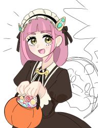  1girl :d blush brown_eyes bucket candy commentary_request eyelashes food hair_ornament hairclip halloween_bucket highres holding holding_bucket juliet_sleeves lacey_(fall_2025)_(pokemon) lacey_(pokemon) long_sleeves looking_at_viewer maid_headdress medium_hair mochimocchi0519 official_alternate_costume open_mouth pink_hair pokemon pokemon_(creature) pokemon_masters_ex puffy_sleeves smile unfinished upper_body whimsicott 
