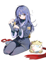  1girl 5oh5s2 absurdres akari_(pokemon) black_hair black_pantyhose blush brushing_hair closed_eyes grey_eyes hair_brush highres holding holding_hair_brush jacket long_hair pantyhose parted_lips pokemon pokemon_(creature) pokemon_legends:_arceus red_scarf scarf sidelocks simple_background sitting togepi unworn_scarf white_background yokozuwari 