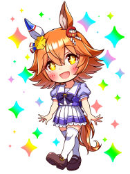  +_+ 1girl animal_ears blush bow bowtie breasts chibi chibi_only clover_hair_ornament collarbone commentary_request daruma_doll daruma_doll_hair_ornament ear_covers flipped_hair four-leaf_clover_hair_ornament full_body hair_between_eyes hair_ornament highres horse_ears horse_girl horse_tail looking_at_viewer matikanefukukitaru_(umamusume) open_mouth orange_hair pleated_skirt puffy_short_sleeves puffy_sleeves purple_bow purple_bowtie purple_shirt sailor_collar sailor_shirt school_uniform shirt shoes short_hair short_sleeves single_ear_cover skirt smile solo sugimotty_nova tail thigh-highs tracen_school_uniform umamusume white_sailor_collar white_skirt white_thighhighs zettai_ryouiki 