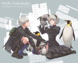  1boy 1girl 2b_(nier:automata) 9s_(nier:automata) animal bird black_boots black_choker black_dress black_gloves black_hairband black_jacket black_shorts black_thighhighs blue_eyes blush boots breasts choker closed_eyes closed_mouth commentary_request copyright_name dress english_text facing_another feather-trimmed_sleeves full_body gloves grey_hair hairband heart highres holding holding_animal jacket juliet_sleeves lifting_animal lipgloss long_sleeves looking_at_another medium_breasts mole mole_under_mouth nier:automata nier_(series) penguin pink_lips puffy_sleeves short_hair shorts sitting smile squatting star_(symbol) thigh-highs thigh_boots thighhighs_under_boots turtleneck turtleneck_dress wariza xiao_kaya 