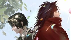  2boys back-to-back black_hair black_jacket blue_sky cloak closed_eyes closed_mouth commentary_request dappled_sunlight dirge_of_cerberus:_final_fantasy_vii dual_persona falling_leaves final_fantasy final_fantasy_vii from_side headband jacket leaf long_hair m2v009 male_focus multiple_boys necktie outdoors profile red_cloak red_eyes red_headband shirt short_hair sky smile spiky_hair sunlight turks_(ff7) upper_body vincent_valentine white_shirt wing_collar 