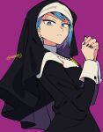  1girl ace_attorney black_nails black_robe blue_eyes blue_hair catholic cowboy_shot cross cross_necklace earrings franziska_von_karma habit hands_up highres jewelry long_sleeves looking_at_viewer mole mole_under_eye necklace nono_(norabi) nun own_hands_together purple_background robe short_hair simple_background solo standing traditional_nun twitter_username 