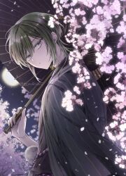  1boy black_haori black_kimono black_umbrella cherry_blossoms closed_mouth commentary_request cororoan dark dear_vocalist double-parted_bangs expressionless from_side green_hair hair_between_eyes haori head_tilt highres holding holding_umbrella japanese_clothes kimono looking_at_viewer male_focus medium_hair momochi_(dear_vocalist) moon mullet night oil-paper_umbrella outdoors sidelocks solo straight_hair striped_haori twitter umbrella upper_body violet_eyes 