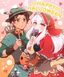  1boy 1girl alukubero arrow_(projectile) brown_eyes candy cyril_(fire_emblem) dark-skinned_male dark_skin fire_emblem food halloween halloween_costume highres holding holding_candy holding_food holding_lollipop jack-o&#039;-lantern lollipop looking_at_viewer lysithea_von_ordelia quiver sidelocks white_hair 