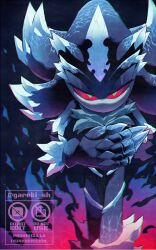  1boy artist_name black_background blue_fire bowing butler_bowing chest_fur claws colored_sclera commentary crystal_hair english_commentary fire gareki_sh green_eyes half-closed_eyes male_focus mephiles_the_dark no_mouth no_nose red_sclera slit_pupils solo sonic_(series) sonic_the_hedgehog_(2006) twitter_username watermark 