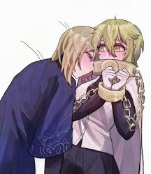  1boy 1girl black_shirt black_skirt black_sleeves blonde_hair blue_sleeves bound bound_wrists cape chain don_quixote_(project_moon) eyeshadow gold_chain gold_collar hair_between_eyes half-closed_eyes haori hashtag-only_commentary head_on_another's_shoulder highres japanese_clothes layered_sleeves leaning_forward limbus_company long_sleeves looking_at_another makeup meng_luoo middle_(identity)_(project_moon) motion_lines pinky_(identity)_(project_moon) pleated_skirt project_moon purple_haori red_eyeshadow shirt short_hair short_over_long_sleeves short_sleeves sinclair_(project_moon) skirt tsurime undershirt white_background white_cape white_shirt yellow_eyes 