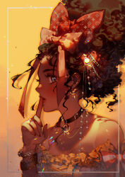  1girl bare_shoulders blue_eyes bow bracelet brown_hair choker commentary_request dark-skinned_female dark_skin dolores_madrigal duplicate earrings encanto finger_to_mouth gradient_background hair_bow jewelry kawacy necklace pixel-perfect_duplicate portrait red_bow ring tan tanlines yellow_theme 