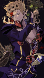  1boy 1other absurdres blonde_hair blood blood_on_face blue_eyes commentary dated_commentary earrings frog giorno_giovanna gold_experience highres holding holding_phone jewelry jojo_no_kimyou_na_bouken ladybug_ornament long_hair phone snake ssyoukyo_sori stand_(jojo) stud_earrings vento_aureo zipper zipper_pull_tab 