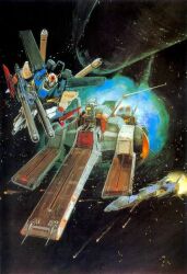  1980s_(style) beam_cannon beam_rifle earth_federation energy_cannon energy_gun gundam gundam_zz mecha mecha_focus mixed-language_commentary mobile_suit nahel_argama neo_zeon no_humans o'neill_cylinder official_art painting_(medium) promotional_art realistic retro_artstyle robot scan scene_reference science_fiction shield space space_habitat spacecraft takani_yoshiyuki thrusters traditional_media v-fin war weapon zero_gravity zz_gundam 