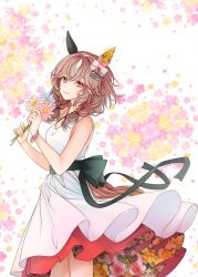  1girl animal_ears bow braid braided_sidelocks breasts brown_eyes brown_hair closed_mouth commentary curren_bouquetd'or_(umamusume) dress ear_covers floral_background floral_print floral_print_dress flower hair_between_eyes hairband highres holding holding_flower horse_ears horse_girl horse_tail long_braid long_hair looking_at_viewer low_twin_braids mismatched_ear_covers pink_bow pink_hairband print_dress reishi_(litvyak) sleeveless sleeveless_dress smile solo symbol-only_commentary tail twin_braids umamusume white_dress white_streaks 