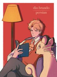  1boy ascot blonde_hair book character_name commentary crossed_legs crossover dio_brando highres holding holding_book jojo_no_kimyou_na_bouken kookirani lamp male_focus orange_ascot orange_sweater_vest persian_(pokemon) petting phantom_blood pokemon reading sitting sweater_vest 