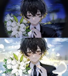  1boy black_jacket black_necktie bouquet brown_eyes character_request closed_mouth colored_inner_hair commentary_request copyright_request crossed_bangs double-parted_bangs flower hair_between_eyes half-closed_eyes hand_up happy_tears highres holding holding_bouquet jacket looking_at_viewer looking_down male_focus multicolored_hair necktie petals sad sahi00000 short_hair smile tearing_up tears white_flower white_petals 