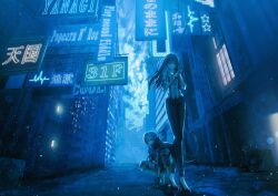  2girls asukake_project billboard english_text heaven_burns_red highres long_hair matsuoka_chiroru multiple_girls neon_lights neon_sign scenery short_hair yanagi_mion 