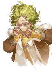  1girl brown_eyes brown_jacket commentary_request cropped_torso glasses green_hair hands_up highres jacket one_eye_closed over-rim_eyewear pink-framed_eyewear reed_(reverse:1999) reverse:1999 semi-rimless_eyewear shirt short_hair solo teardrop upper_body white_background xiashuidao_de_eruijing yellow_shirt 