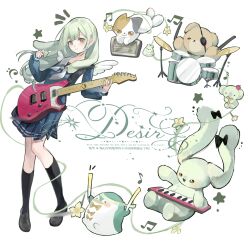  1girl absurdres bang_dream! bang_dream!_it's_mygo!!!!! black_socks blue_serafuku blue_shirt blue_skirt calico_(pattern) calico_cat chinese_commentary closed_mouth commentary_request commission drum electric_guitar eyepatch full_body green_hair grey_neckerchief guitar highres holding holding_guitar holding_instrument if_happiness_is_a_circle_(meme) instrument keyboard_(instrument) kneehighs loafers long_hair long_sleeves looking_at_viewer meme musical_note neckerchief notice_lines pleated_skirt sailor_collar school_uniform serafuku shirt shoes sidelocks skirt socks solo standing star_(symbol) stuffed_animal stuffed_penguin stuffed_rabbit stuffed_toy teddy_bear tsukinomori_school_uniform tu_ni_ni wakaba_mutsumi white_background white_sailor_collar winter_uniform yellow_eyes 